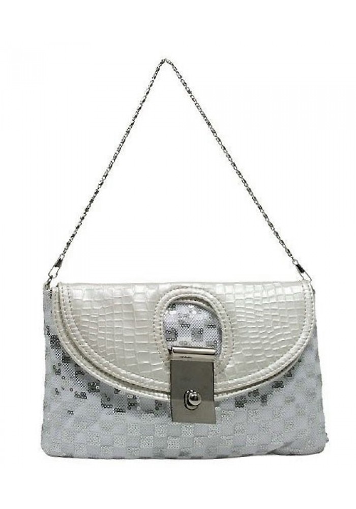 Evening Bag - Sequined Checker w/ Croc Embossed Dual Flap - Silver - BG-CE9913SV